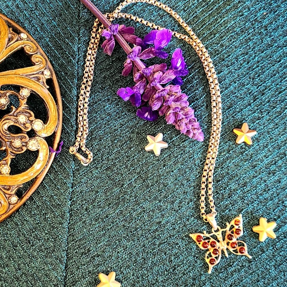 Vintage - Sterling Silver - Butterfly Amber Pendant Necklace - Signed